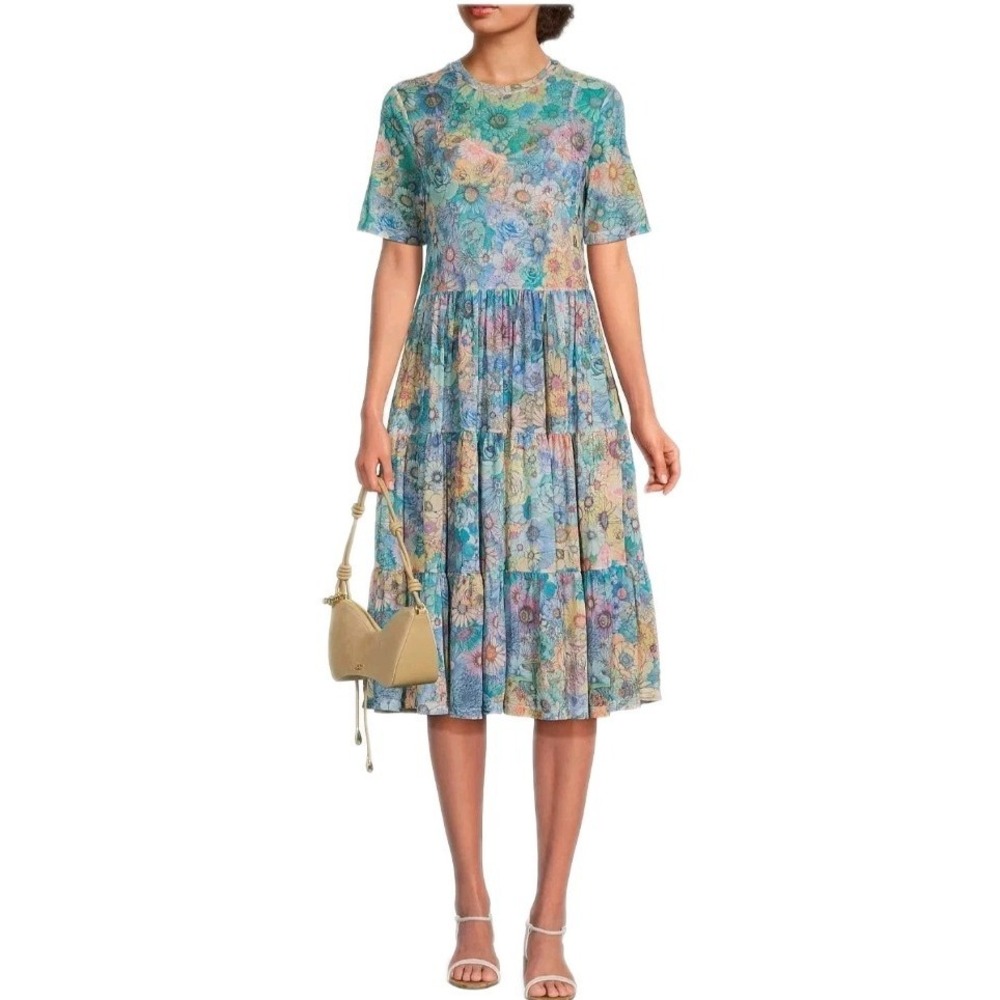 Johnny Was Mesh Tiered Dress Size  Medium Floral Midi Boho Spring